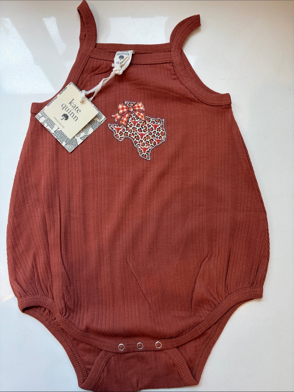 University of Texas Rust Ribbed Tank Bubble Romper with Leopard Texas Patch NWT